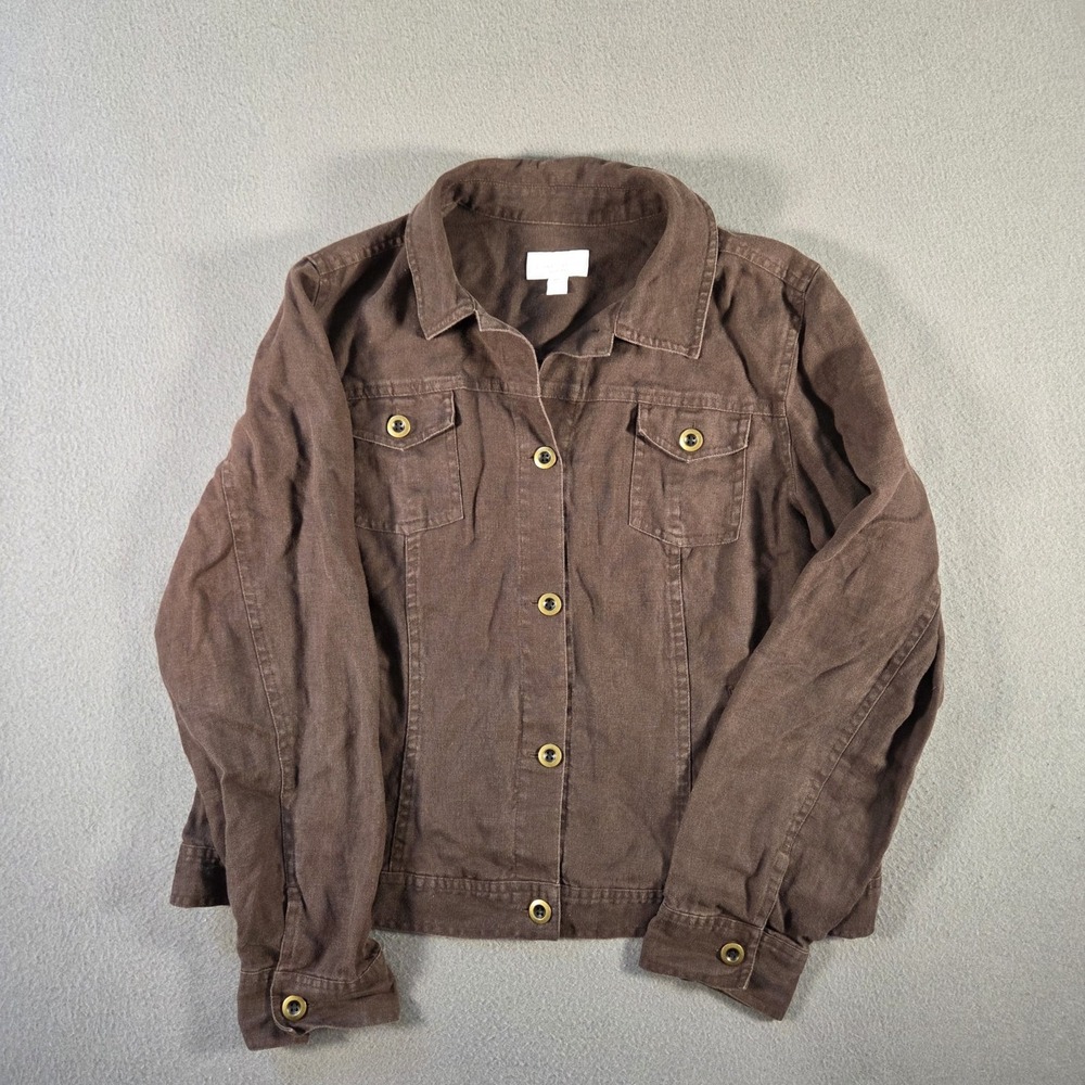 Charter Club Jacket Womens Large Petite Brown Linen Trucker Collared Button Up
